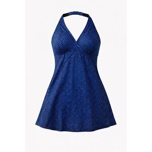 L.L.Bean Blue Print Halter Swimdress Skirted One Piece Swimsuit Size L